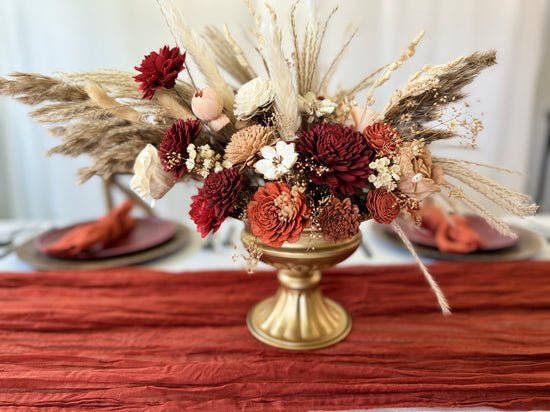 Asymmetrical Boho Compote Vase with Cinnamon, Burnt Orange and Sienna Flowers