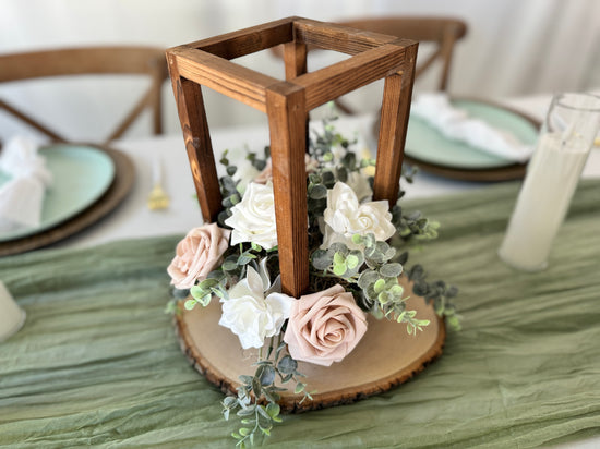 Floral piece for a wood lantern in white, blush and pink