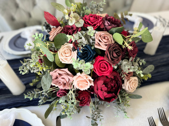 Floral dome arrangement for column stand in burgundy, blush and navy