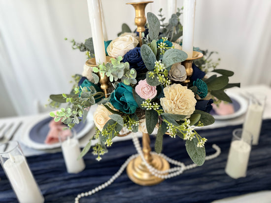 Vintage floral candelabra wedding centerpiece in navy, teal and blush with 5 candlesticks