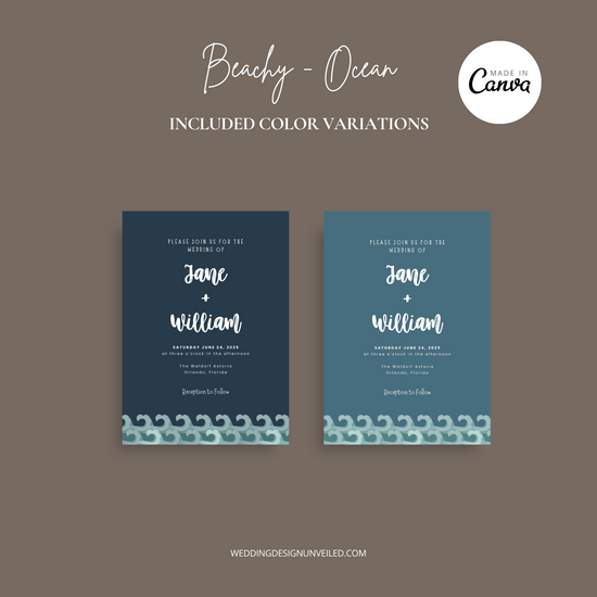 DIGITAL DOWNLOAD - Beach Wedding Ocean Waves Wedding Invitation Suite - Editable Canva Bundle