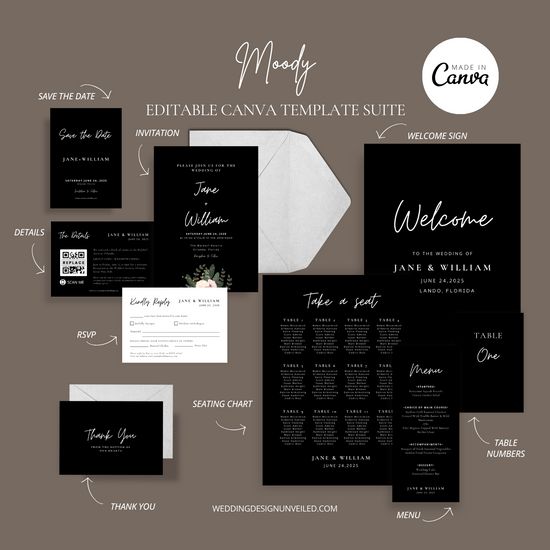 DIGITAL DOWNLOAD - Moody Floral Wedding Invitation Suite - Editable Canva Bundle