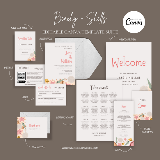 DIGITAL DOWNLOAD - Beach Wedding Seashell Wedding Invitation Suite - Editable Canva Bundle
