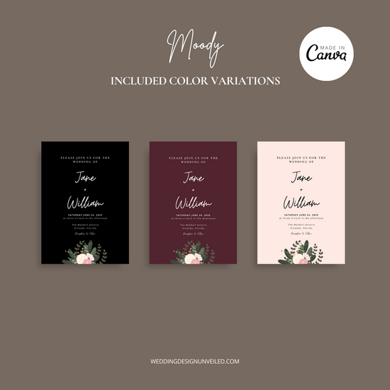 DIGITAL DOWNLOAD - Moody Floral Wedding Invitation Suite - Editable Canva Bundle