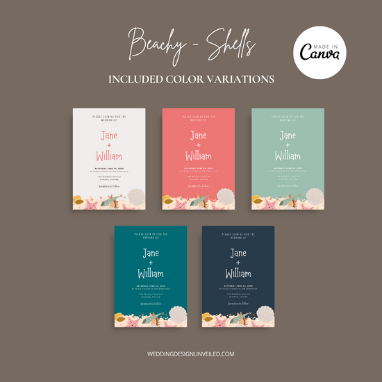 DIGITAL DOWNLOAD - Beach Wedding Seashell Wedding Invitation Suite - Editable Canva Bundle