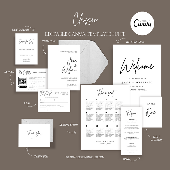 DIGITAL DOWNLOAD - Simple Classic Wedding Invitation Suite - Editable Canva Bundle