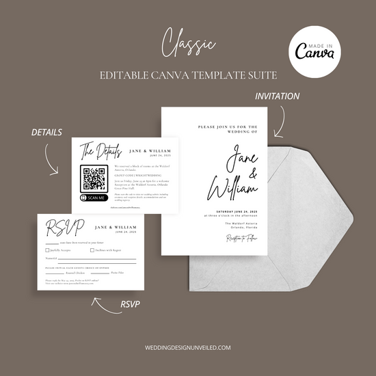 DIGITAL DOWNLOAD - Simple Classic Wedding Invitation Suite - Editable Canva Bundle
