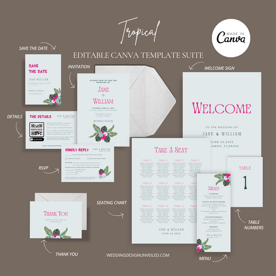 DIGITAL DOWNLOAD - Tropical Wedding Invitation Suite - Editable Canva Bundle