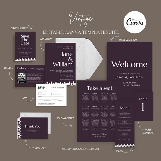 DIGITAL DOWNLOAD - Vintage Lace Wedding Invitation Suite - Editable Canva Bundle