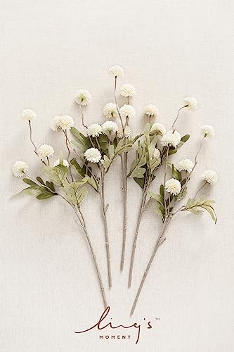 Ling's Moment Pompon Mum Artificial Flower, 5pcs Faux Silk Mini Chrysanth with Stems, Bulk Fake Wedding Filler Flowers for DIY Bouquet Centerpieces Arrangements Shower Decorations, White