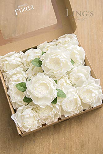 Ling's Moment 16pcs 4" Ivory Blooming Peonies Artificial Peonies Flower Real Looking Fake Peony w/Stem DIY Wedding Bouquet Centerpieces Reception Arrangements Party Baby Shower Home Décor