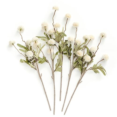 Ling's Moment Pompon Mum Artificial Flower, 5pcs Faux Silk Mini Chrysanth with Stems, Bulk Fake Wedding Filler Flowers for DIY Bouquet Centerpieces Arrangements Shower Decorations, White