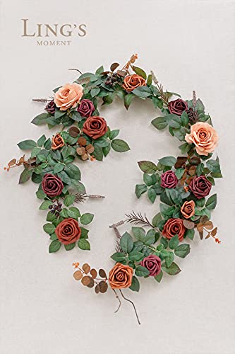 Ling's Moment Artificial Rose Flower Runner Rustic Flower Garland Floral Arrangements Wedding Ceremony Backdrop Arch Flowers Table Centerpieces Decorations (5FT Long, Sunset Terracotta)