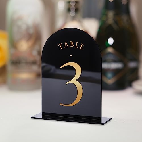 UNIQOOO Black Arch Wedding Table Numbers with Stands 1-15, Gold Foil Printed 5x7 Acrylic Signs and Holders, Perfect for Centerpiece, Reception, Decoration, Party, Anniversary, Event