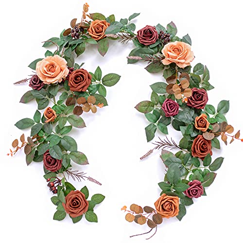 Ling's Moment Artificial Rose Flower Runner Rustic Flower Garland Floral Arrangements Wedding Ceremony Backdrop Arch Flowers Table Centerpieces Decorations (5FT Long, Sunset Terracotta)