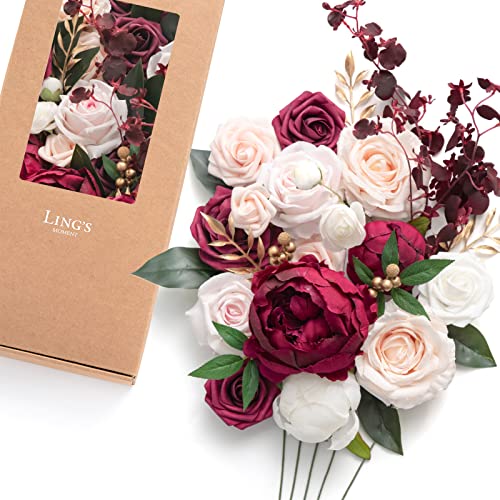 Ling's Moment Marsala Artificial Flowers Box Set for DIY Wedding Bouquets Centerpieces Arrangements Party Baby Bridal Shower Home Decorations