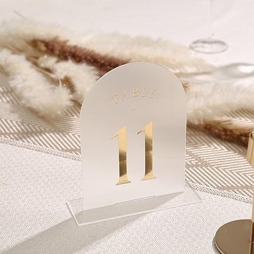 UNIQOOO Frosted Arch Wedding Table Numbers with Stands 1-20, Gold Foil Printed 5x7 Acrylic Signs and Holders, Perfect for Centerpiece, Reception, Decoration, Party, Anniversary, Event