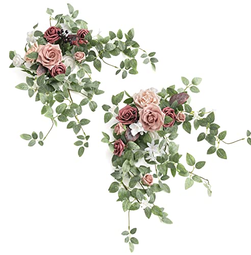 Ling's Moment 2PCS Artificial Floral Swags Centerpieces, Wedding Flower Greenery Arrangements for Sweetheart/Head Table Decor Wedding Car Wall Window Arch Home Garden Decor | Dusty Rose & Mauve