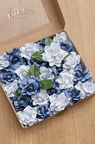 Ling's Moment Flowers 25pcs Fake Gardenia Blue Flowers Artificial Flowers with Stem, Fake Flowers for DIY Wedding Decorations Centerpieces Bouquets Boutonnieres（Flores Artificiales para Decoracion）
