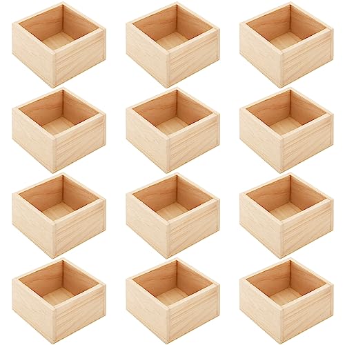 Frcctre 12 Pack Unfinished Small Wooden Box, 4" x 4" Square Wooden Box Craft Storage Organizer Box for Art Collectibles, Home Decor, Desktop Drawer Decor, Succulent Plant Pot