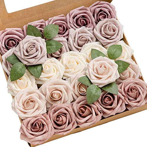 Ling's Moment Artificial Flowers Dusty Rose & Mauve Ombre Colors Foam 25 Pcs Rose 5 Tones for DIY Wedding Bouquets Centerpieces Arrangments Decorations