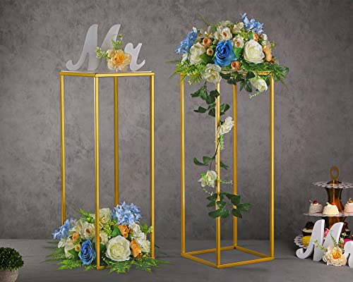 YALLOVE 2 Pack 23.75 Inch Gold Wedding Flower Stand Metal Vase Column Stand Geometric Centerpiece Vase for Home Party Wedding Decorations, Rectangular Flower Display Rack