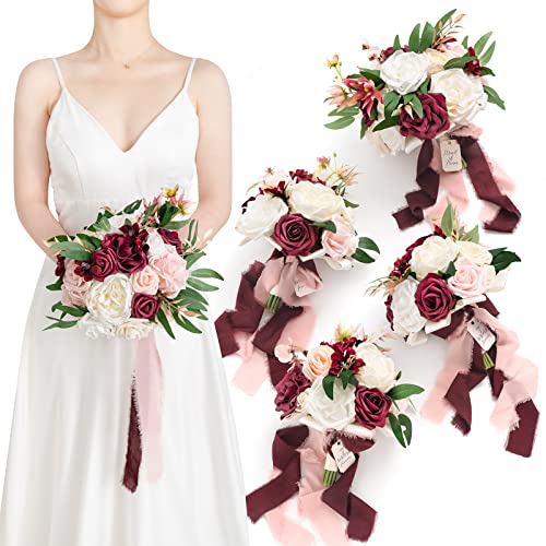 Ling's Moment 7 Inch Marsala Artificial Flowers Bridesmaid Bouquets for Wedding,Set of 4,for Wedding Ceremony and Anniversary