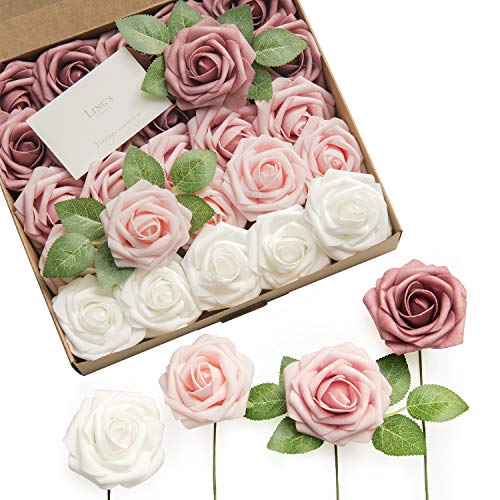 Ling's Moment Artificial Roses Flowers 25pcs Dusty Rose Ombre Colors Fake Roses with Stem for DIY Wedding Bouquets Centerpieces Arrangments Decorations