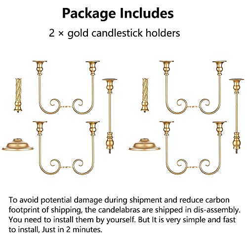 Metal Candelabra Gold Candle Stand 20in Tall, 5-Candle Candlestick Holder for Taper Candles, Candle Holder for Wedding Centerpiece Christmas Valentine Holiday Party Event Reception Decor, 2Pcs