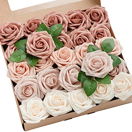 Ling's Moment Artificial Roses Flowers 25pcs Morandi Peach Ombre Colors Fake Roses with Stem for DIY Wedding Bouquets Centerpieces Arrangments Decorations