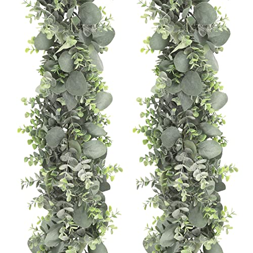 JPSOR 2pcs 6.6ft Artificial Eucalyptus Garland Faux Greenery Garland Fake Eucalyptus Leaves for Wedding Arch Farmhouse Mantle Table Runner Centerpiece Home Party Decor