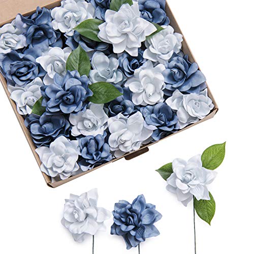 Ling's Moment Flowers 25pcs Fake Gardenia Blue Flowers Artificial Flowers with Stem, Fake Flowers for DIY Wedding Decorations Centerpieces Bouquets Boutonnieres（Flores Artificiales para Decoracion）