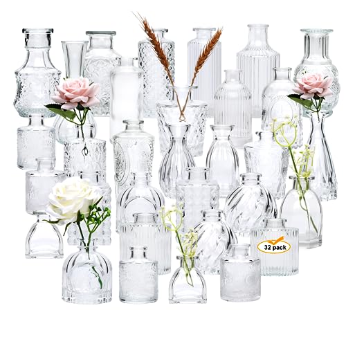 Brajttt Glass Bud Vase Set of 32 pcs,Vase for Flowers,Small Vases for Centerpieces,Clear Vases in Bulk, Vintage Glass Bottles for Rustic Wedding Home Table Decorations …