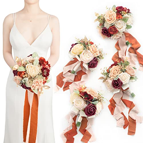 Ling's Moment 7 Inch Burnt Orange Artificial Flowers Bridesmaid Bouquets for Wedding, Set of 4, for Wedding Ceremony and Anniversary