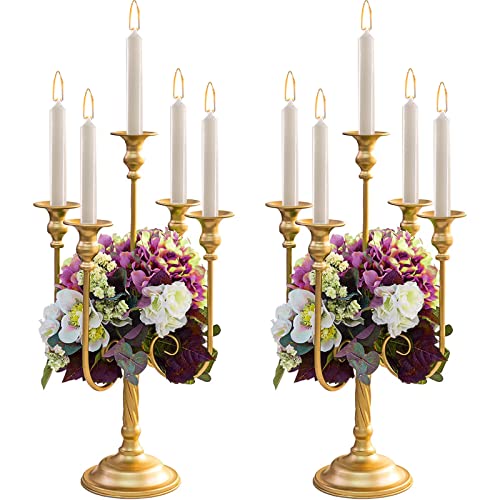 Metal Candelabra Gold Candle Stand 20in Tall, 5-Candle Candlestick Holder for Taper Candles, Candle Holder for Wedding Centerpiece Christmas Valentine Holiday Party Event Reception Decor, 2Pcs