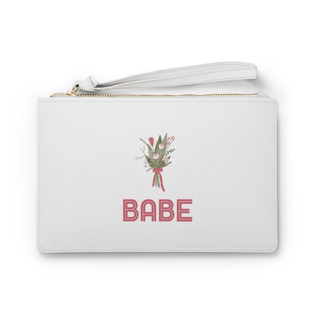 Babe - Bridesmaid Gift Clutch Bag by Oaklynn Lane - White with Pink Floral Design