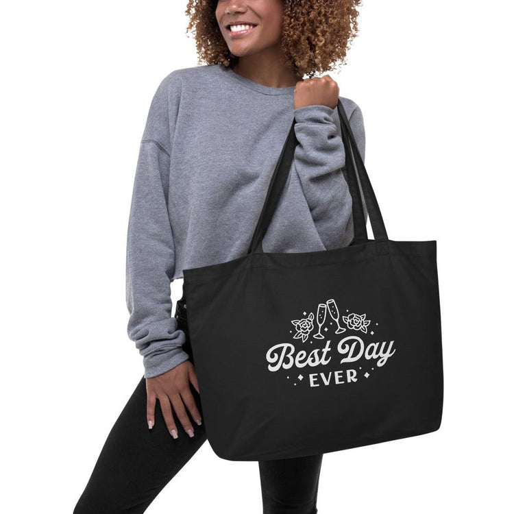 Best Day Ever! Large Canvas Bridal Tote Bag by Oaklynn Lane - girl holding black bag