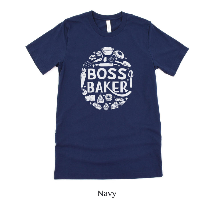 Boss Baker Wedding Cake Short-sleeve Tshirt by Oaklynn Lane - Navy Blue Shirt