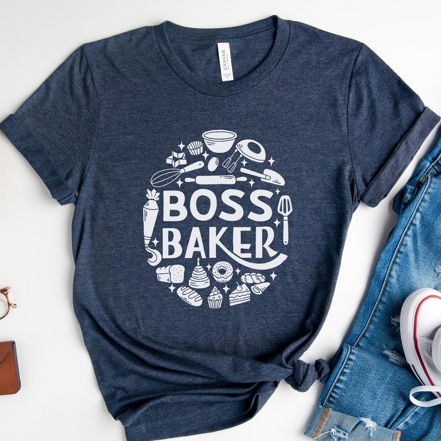 Boss Baker Wedding Cake Short-sleeve Tshirt by Oaklynn Lane - in heather navy