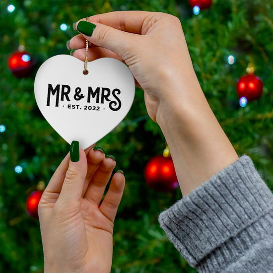 Mr and Mrs Est 2022 First Year Together Anniversary Ceramic Ornament - Heart, Snowflake or Circle - Porcelain by Oaklynn Lane