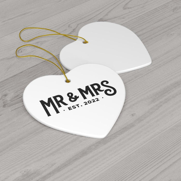 Mr and Mrs Est 2022 First Year Together Anniversary Ceramic Ornament - Heart, Snowflake or Circle - Porcelain by Oaklynn Lane