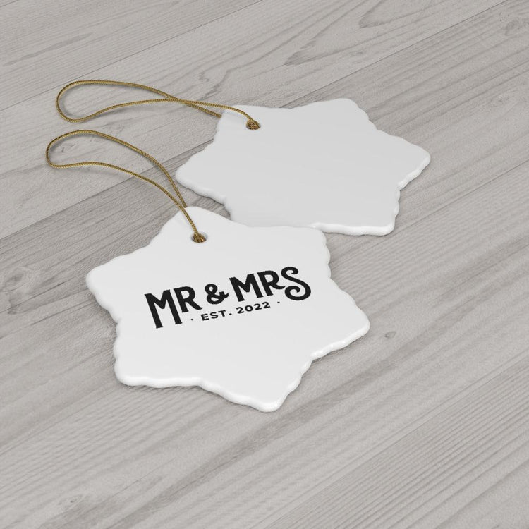 Mr and Mrs Est 2022 First Year Together Anniversary Ceramic Ornament - Heart, Snowflake or Circle - Porcelain by Oaklynn Lane