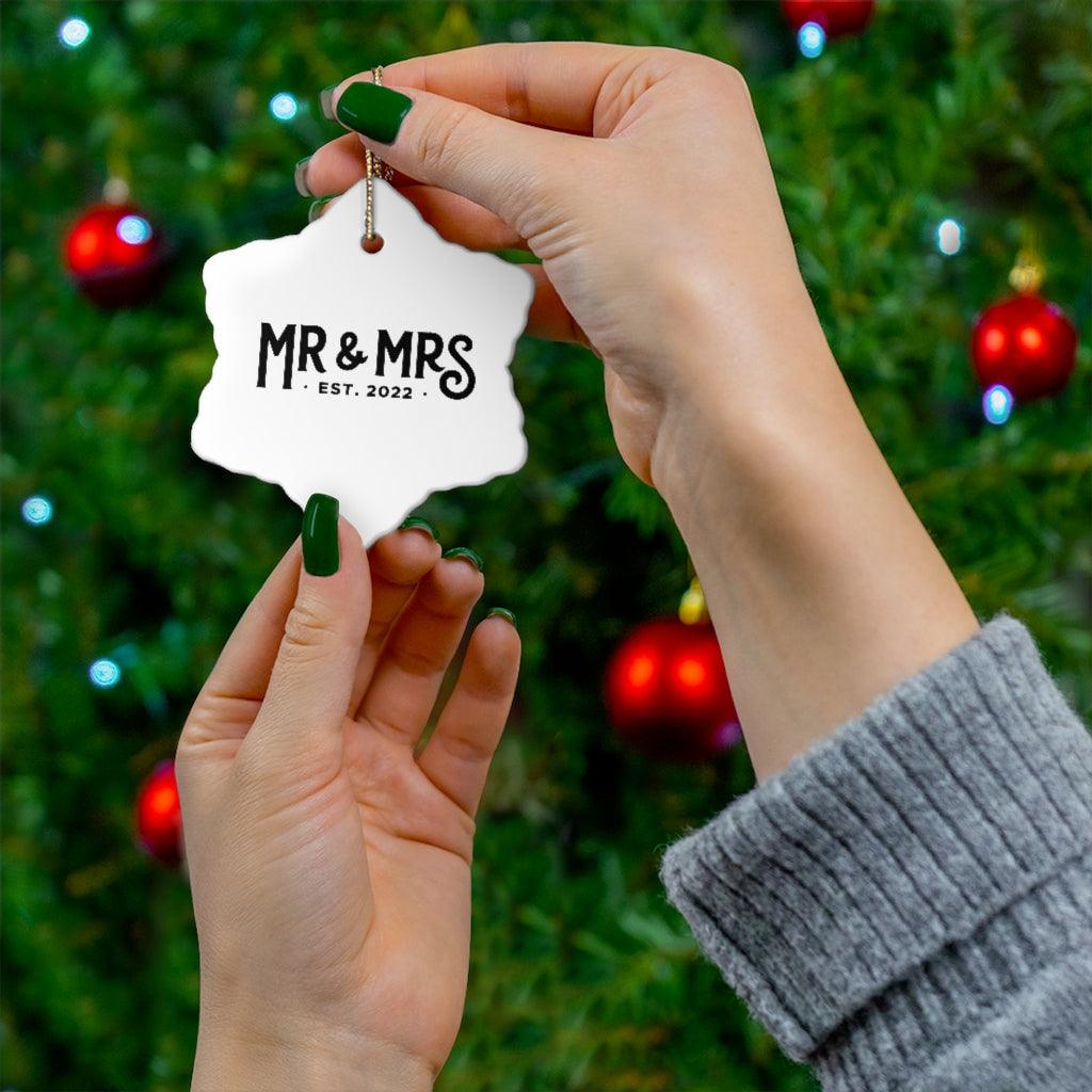 Mr and Mrs Est 2022 First Year Together Anniversary Ceramic Ornament - Heart, Snowflake or Circle - Porcelain by Oaklynn Lane