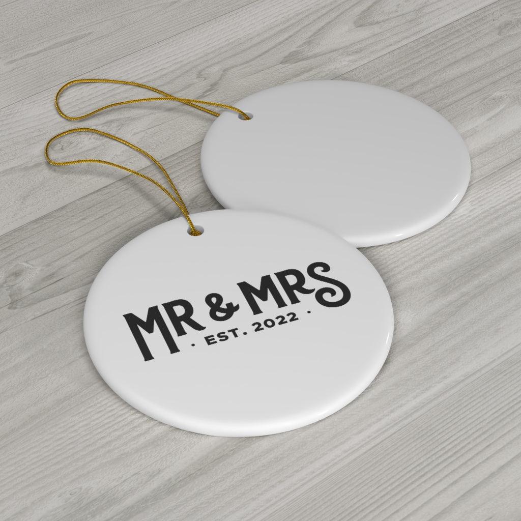 Mr and Mrs Est 2022 First Year Together Anniversary Ceramic Ornament - Heart, Snowflake or Circle - Porcelain by Oaklynn Lane