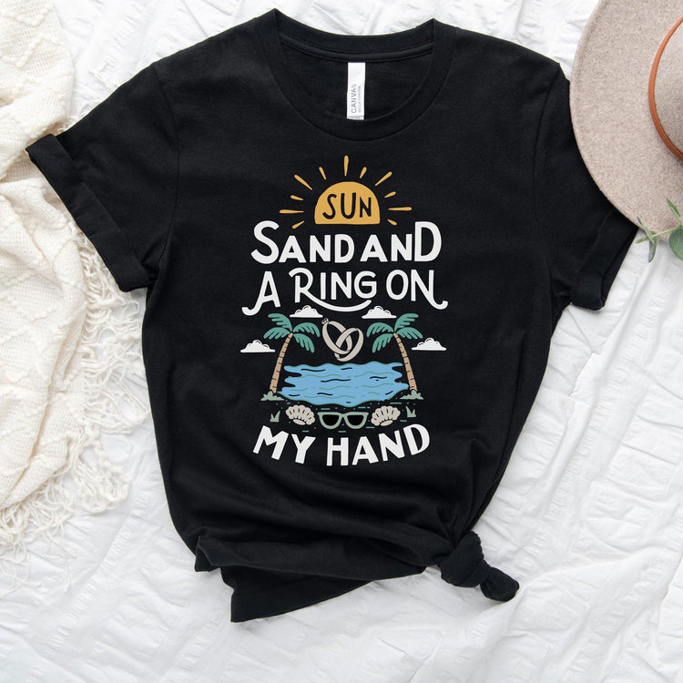 Sun, Sand and a Ring on My Hand - Beach Getaway Honeymoon Minimoon Short-sleeve tshirt - by Oaklynn Lane