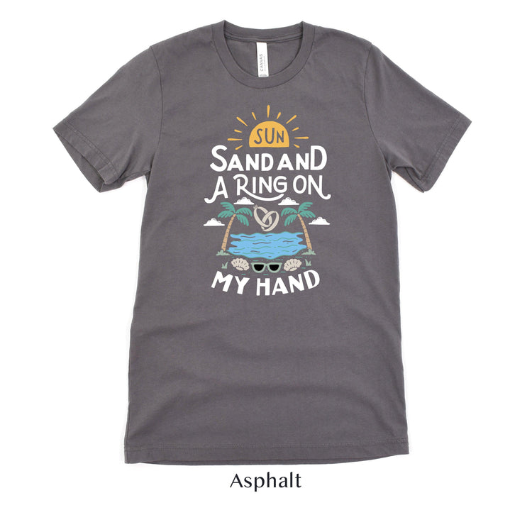 Sun, Sand and a Ring on My Hand - Beach Getaway Honeymoon Minimoon Short-sleeve tshirt - by Oaklynn Lane
