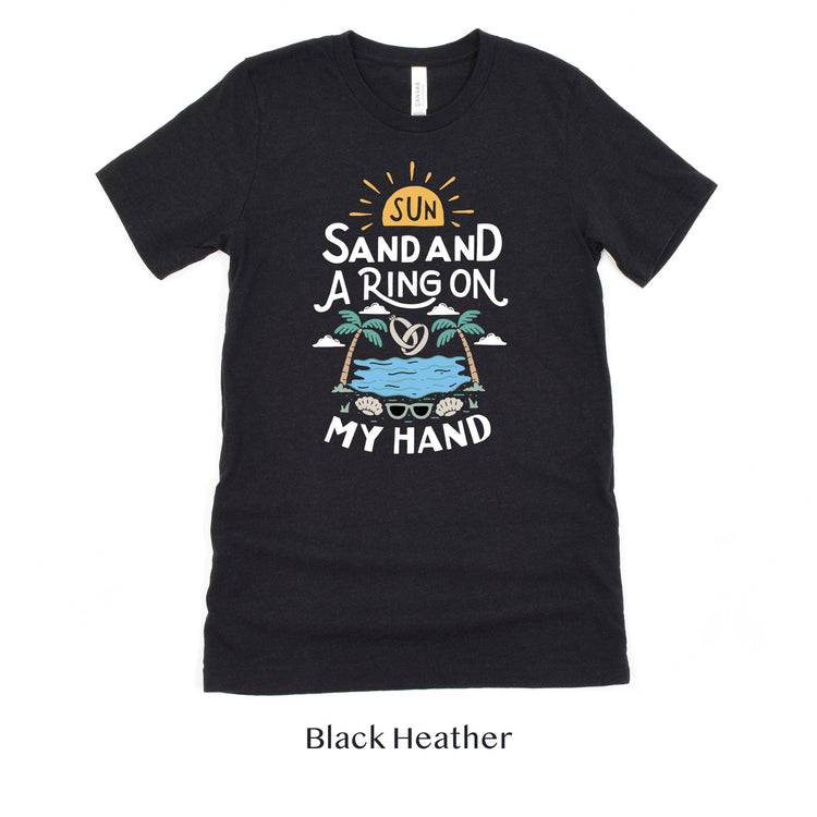 Sun, Sand and a Ring on My Hand - Beach Getaway Honeymoon Minimoon Short-sleeve tshirt - by Oaklynn Lane
