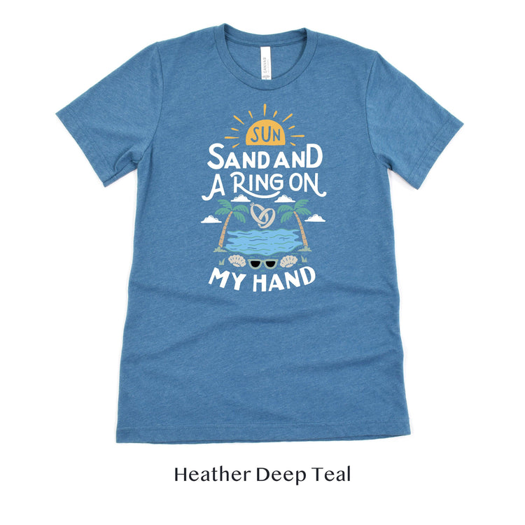 Sun, Sand and a Ring on My Hand - Beach Getaway Honeymoon Minimoon Short-sleeve tshirt - by Oaklynn Lane