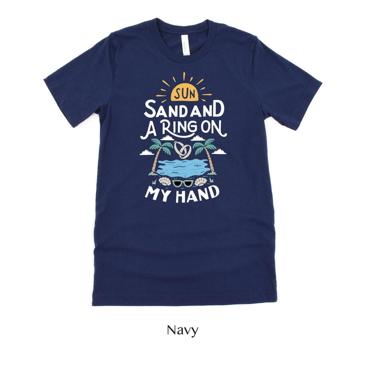 Sun, Sand and a Ring on My Hand - Beach Getaway Honeymoon Minimoon Short-sleeve tshirt - by Oaklynn Lane