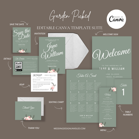 DIGITAL DOWNLOAD - Garden Picked Floral Wedding Invitation Suite - Editable Canva Bundle